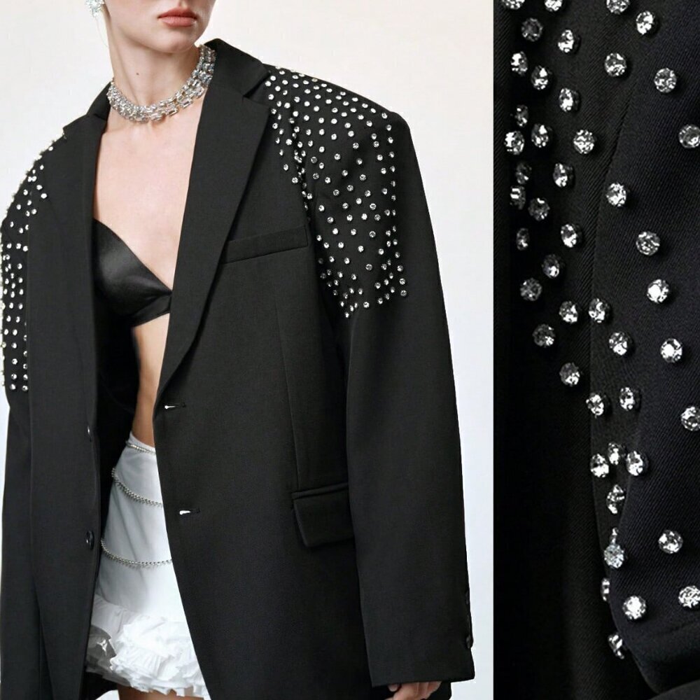 Black Elegant Formal Women's Oversized Rhinestone detailed Blazer